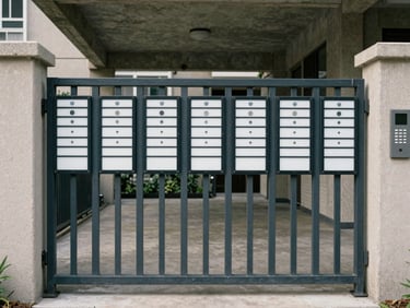 Straight-on documentary photograph of a condominium entrance gate with identification signage and intercom panel in daylight, no people, concrete infrastructure visible, precise framing