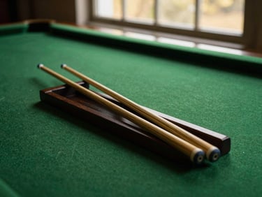 Hand-turned wooden cue sticks resting on a dark wood rack, soft golden-hour window light, shallow depth of field