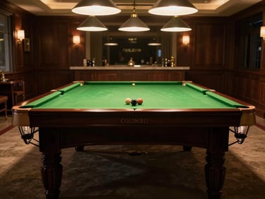 Wide symmetrical shot of a magnificent mahogany snooker table in a moody, wood-paneled Colombo luxury residence, warm overhead lamps, 35mm.