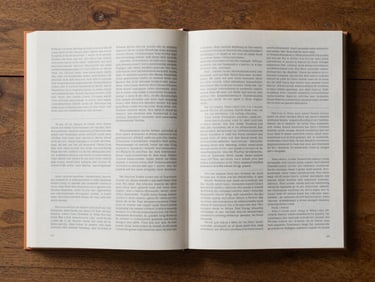 Overhead flat-lay of an open art book on a wooden desk, showing complex grid alignments, generous white margins, and clean asymmetrical column layouts, soft north light.