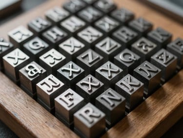 Macro shot of physical metal typesetting blocks arranged in a strict grid on a wooden workbench, soft natural side lighting, dramatic shallow depth of field focusing on a single sharp letter ligature.