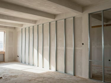 Wide shot of a drywall partition being installed in a high-ceiling commercial space, natural light streaming through a large opening, steel studs visible in precise alignment, construction dust faintly suspended in air