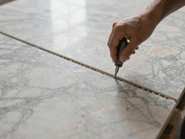 Close-up of a marble tile installation in progress, grout lines being set with precision tools on a large-format slab, overcast natural light from a skylight above revealing stone veining and surface detail