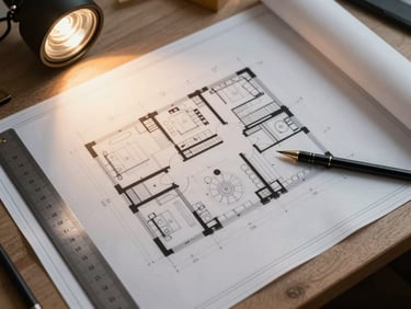Overhead view of an architectural blueprint spread across a drafting table, a steel ruler and mechanical pencil resting at the edge, warm task-light illuminating precise linework on white paper