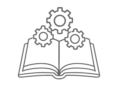 White line art illustration of an open book with gears appearing from it, symbolizing educational research and technical innovation.