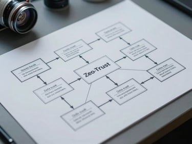 Clean schematic blueprint of zero-trust data flows, cool clinical lighting, isometric projection.