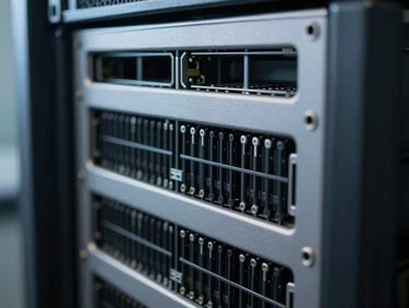 Macro detail of server rack wiring, cool clinical daylight, precise alignment.