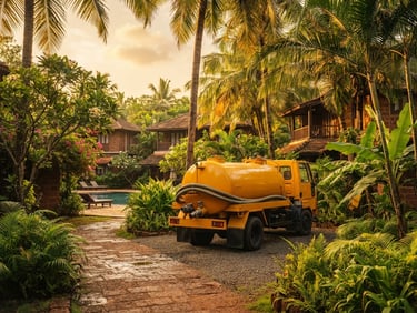 Discreet high-capacity yellow vacuum tanker parked near a luxury Goan resort framed by lush palm trees, golden hour tropical light