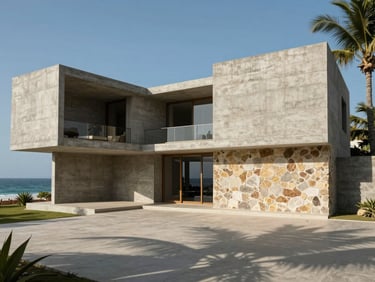 Wide-angle architectural elevation of a massive raw concrete villa facing the Arabian Sea, dramatic tropical light, 35mm lens.