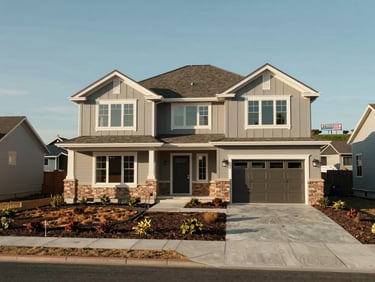 New construction home exterior in a NorCal suburb under clear afternoon light, partially landscaped yard, builder signage visible at distance, framing shows both structure and surrounding open lots