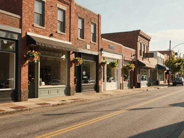 Environmental wide shot of Folsom's historic Sutter Street at daylight, brick storefronts and hanging planters, empty morning street showing architectural character, warm natural light