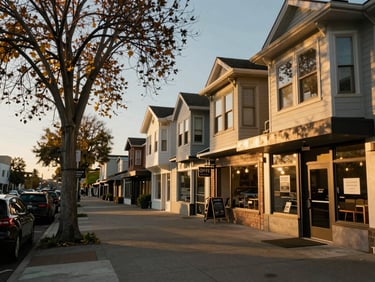 Wide environmental shot of Sacramento's midtown street at golden hour, tree-lined sidewalk with older bungalows and a coffee shop storefront, warm natural light, no people posed for camera