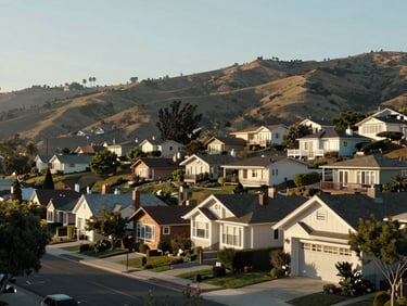 Wide environmental shot of Castro Valley hillside neighborhood at morning light, older California bungalows on a tree-lined street, soft daylight, no posed subjects