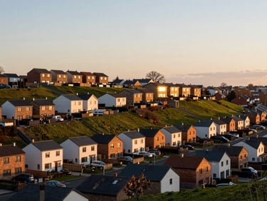 Environmental wide shot of Dublin's Tri-Valley hillside neighborhood at golden hour, newer planned community homes on a gentle slope, warm evening light, no posed subjects