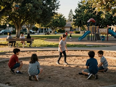 Children playing in a NorCal community park at golden hour, families on benches nearby, mature trees and playground visible, wide environmental framing, candid not posed