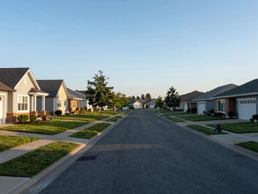 Wide suburban streetscape in Elk Grove at morning light, newer homes with manicured lawns along a quiet residential road, clear daylight-balanced exposure, no posed subjects