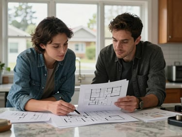 Professional reviewing floor plan documents at a kitchen table, natural window light, NorCal neighborhood visible through glass behind them, candid working moment