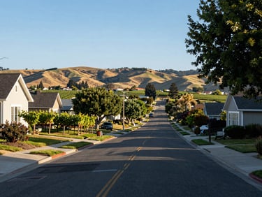 Wide panoramic shot of Livermore's vineyard-adjacent residential neighborhood at afternoon light, rolling hills visible in background, quiet street with mature trees, clear daylight