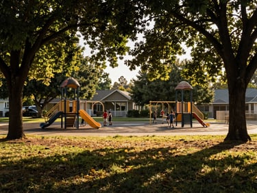 Wide shot of Roseville neighborhood park at late afternoon light, children playing on equipment in the background, tree canopy overhead, natural golden-hour tone, no posed subjects