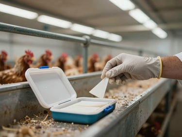 Close-up environmental shot: technician's gloved hands collecting a surface swab sample from a waterer trough inside a layer house, sampling kit open on a nearby ledge, diffused natural light from roof vents, metal and plastic poultry equipment visible in soft focus behind