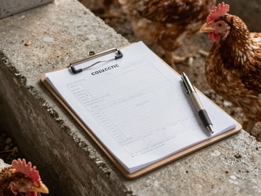 Overhead documentation shot of a completed inspection form on a clipboard resting on a concrete ledge inside a poultry house, pen beside it, diffused daylight, forms partially filled with handwritten field notes visible