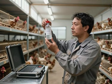 Medium environmental frame: a field technician holding a labeled sample vial up to diffused light inside a poultry facility, rows of layer cages visible in the background, overcast daylight through side ventilation, equipment case open on a metal shelf nearby