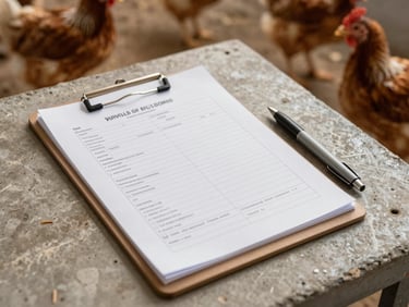 Overhead documentation shot: an open technical inspection report on a clipboard resting on a concrete surface inside a poultry house, pen beside it, flock visible in soft focus in the background under natural daylight, no text legible