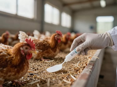 Close-up of a gloved technician collecting a swab sample from a poultry house floor surface, sample collection tube visible, overcast natural light from house vents, tight environmental framing showing equipment in use