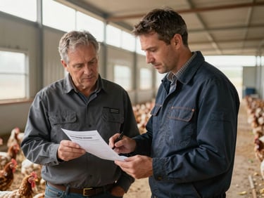 Medium shot of a technician handing a printed corrective action report to a farm manager inside a poultry facility corridor, both looking at the document, natural side-lighting from open house panels, no posed smiles