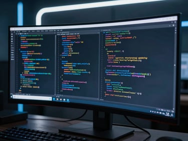 Sleek dark-mode technology photography, close-up of a developer analyzing complex code on an ultra-wide monitor, cool white neon accents, sharp focus, high-contrast cinematic, 35mm