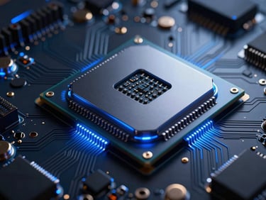 Sleek dark-mode technology photography, macro shot of high-end processor circuitry, glowing electric blue accents, sharp focus, high-contrast cinematic, 35mm