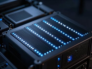 Sleek dark-mode technology photography, macro shot of server hardware blinking with electric blue LED lights, structured architectural lines, moody low-key lighting, high-contrast cinematic, 35mm