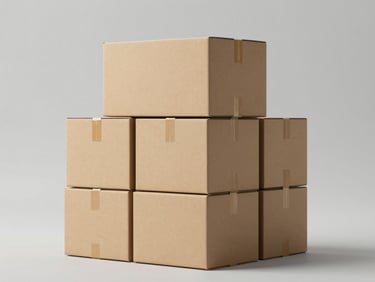 Minimalist studio shot of stacked heavy-duty cardboard shipping boxes, clean warehouse daylight, neutral grey background
