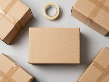 Neat flat-lay of cardboard moving boxes paired with a roll of packing tape, bright studio lighting, neutral background