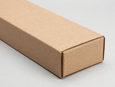 Straight-on technical shot of a long cardboard flower box with clean structural folds, bright studio lighting, sharp focus