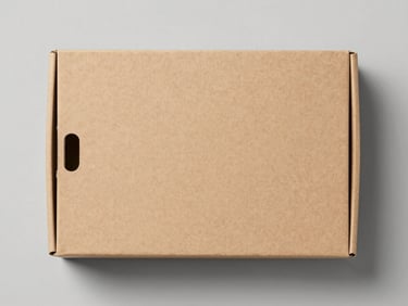 Overhead flat-lay of a clean unfolded cardboard archive box, bright studio lighting, raw kraft paper texture, sharp focus