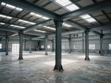 Close-up of modern steel structure and high-quality concrete floor inside a clean, empty warehouse with natural light streaming through skylights.