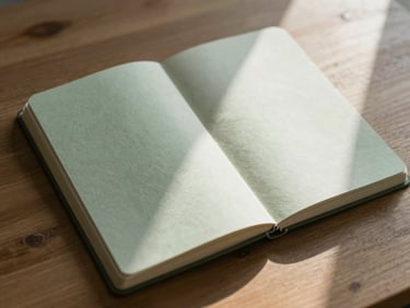 An open linen journal resting on a wooden table, soft morning shadows casting across the page, minimalist editorial