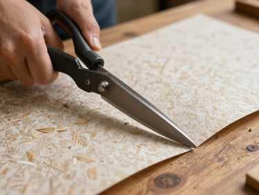 Close-up of heavy shears cutting through textured warm oat pattern paper on a solid wood workbench