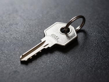 Close-up of a secure physical key on a dark textured metal surface, sharp macro focus, dramatic shadows