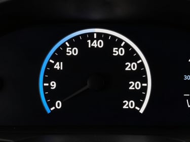 Minimalist abstract UI wireframe showing speed metrics, high-contrast monochrome with electric blue accents