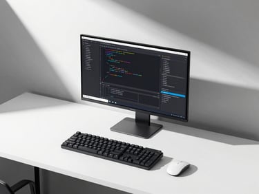 Minimalist South London workspace setup with sharp geometric shadows, clean desk, mechanical keyboard, and a high-fidelity code editor on screen with electric blue accents.