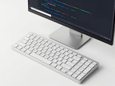 Overhead clean tech setup with a keyboard and a portion of a screen displaying clean code lines