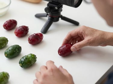 Behind the scenes content planning session, hands arranging raw ingredients on a white surface with a camera overhead on a tripod