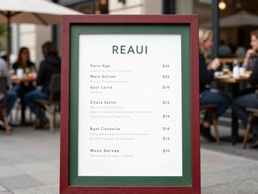 Close-up of a rustic menu board outside a modern artisanal restaurant, soft focus background of diners, natural light