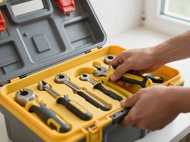 A certified technician's hands organizing professional tools inside a clean, structured yellow and charcoal toolbox, bright natural daylight, sharp focus.
