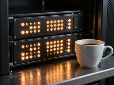 Extreme close-up of a server rack glowing with warm amber LED indicator lights, reflecting off a dark metallic surface next to a ceramic espresso mug.
