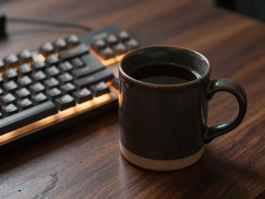 A heavy dark ceramic mug sitting next to a mechanical keyboard with warm amber backlighting on a dark walnut desk, shallow depth of field.
