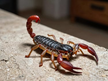 Extreme close-up of a scorpion on a rough plaster wall surface in a dimly lit residential room, practical work-light casting hard shadows, no staging