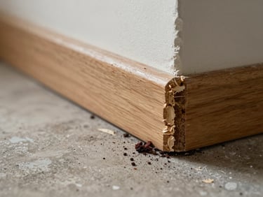 Close-up of gnawed wooden baseboard with rat teeth marks and dark droppings on a concrete floor, worksite lighting, unpolished residential interior